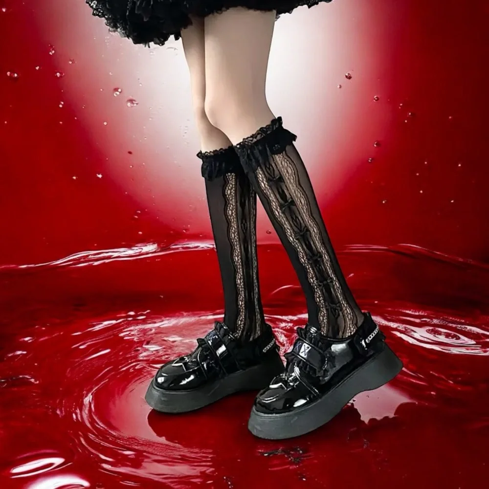 Retro Vintage Style Bow Accent Knee High Socks Flirty Ruffle Trim Soft Lace Calf
